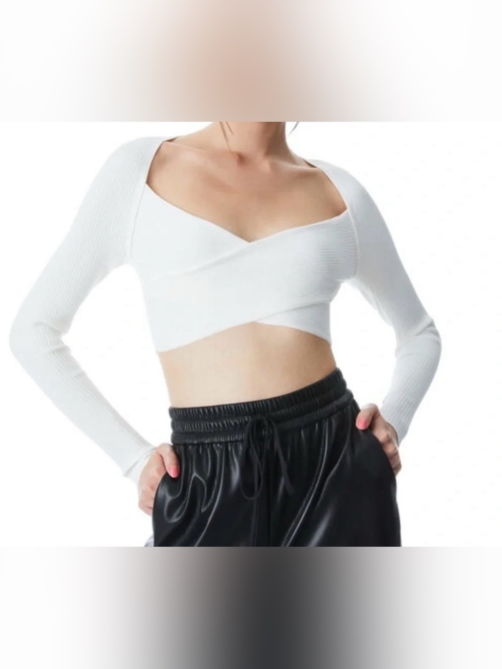 Alice + Olivia White Ribbed Wrap Long-Sleeve Crop Top